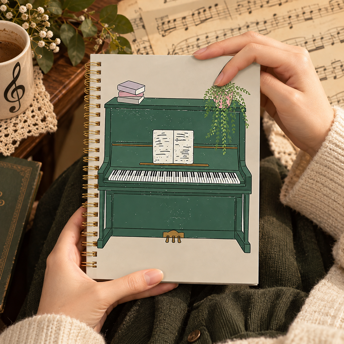 A5 Retro Green Upright Piano Spiral Notebook (100 Pages)
