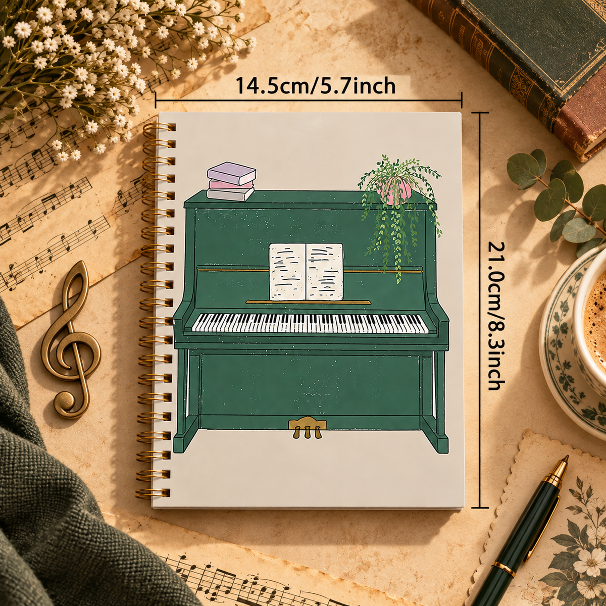 A5 Retro Green Upright Piano Spiral Notebook (100 Pages)