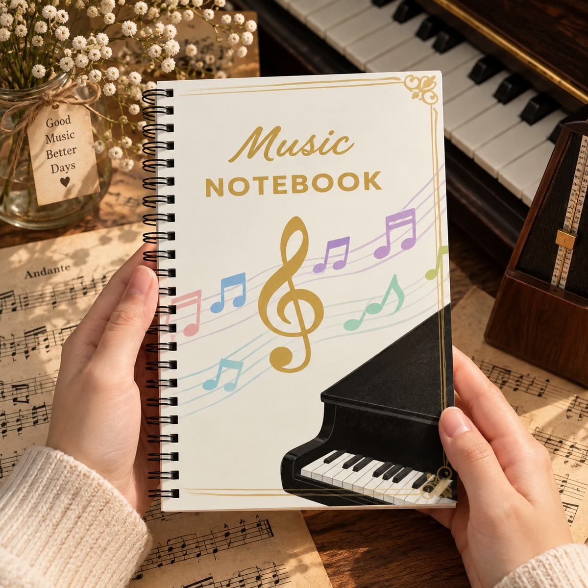 A5 Piano and Music Themed Spiral Notebook (100 Pages)