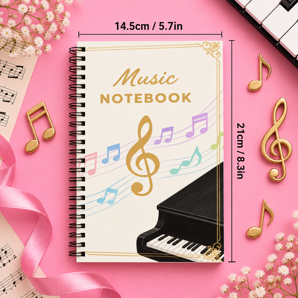A5 Piano and Music Themed Spiral Notebook (100 Pages)