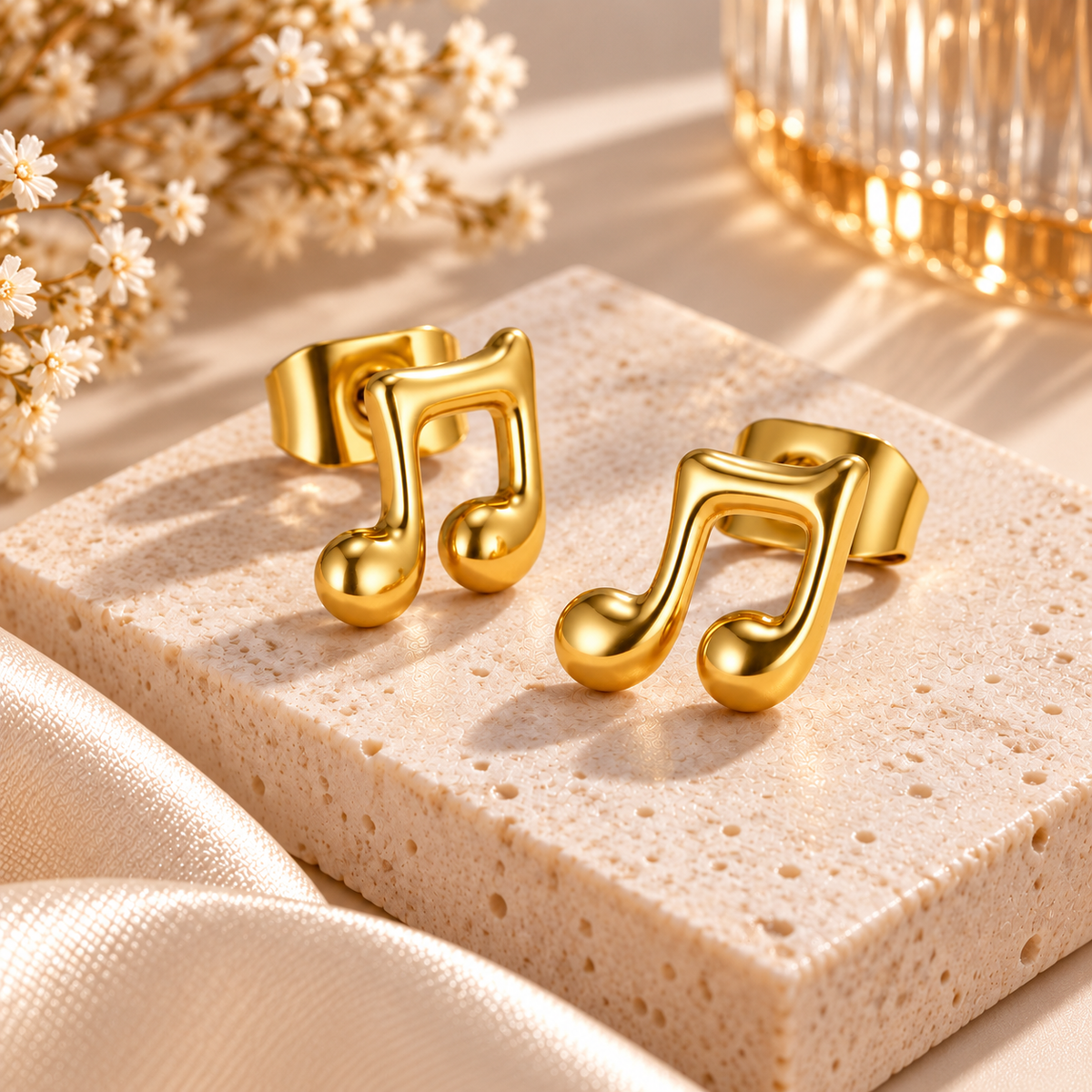 Mini Music Note Hypoallergenic Gold Stud Earrings (Pair)
