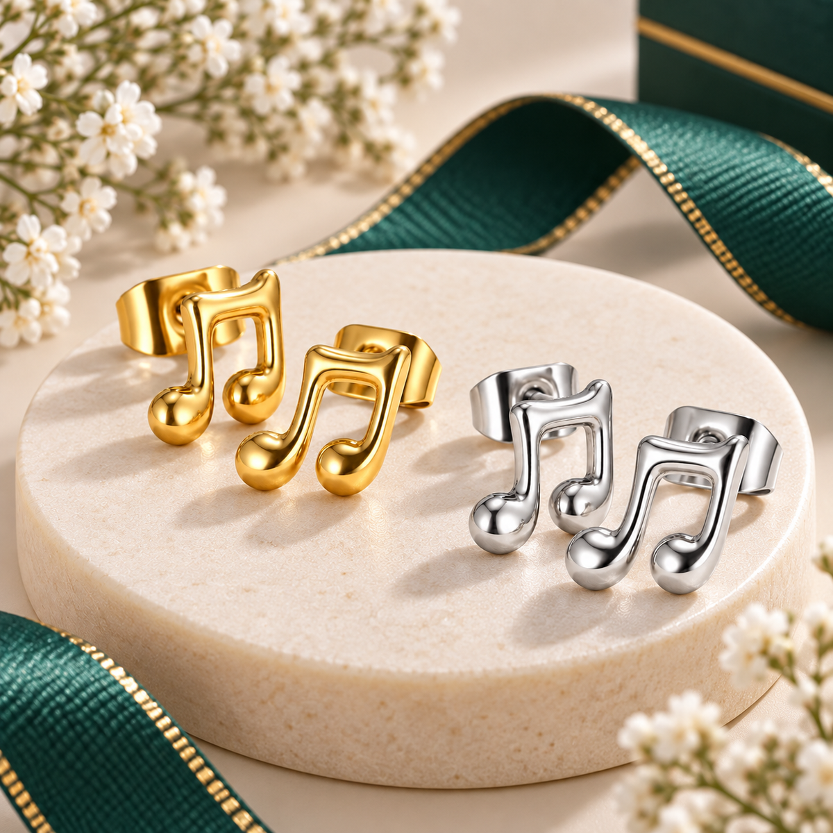 Mini Music Note Hypoallergenic Gold Stud Earrings (Pair)