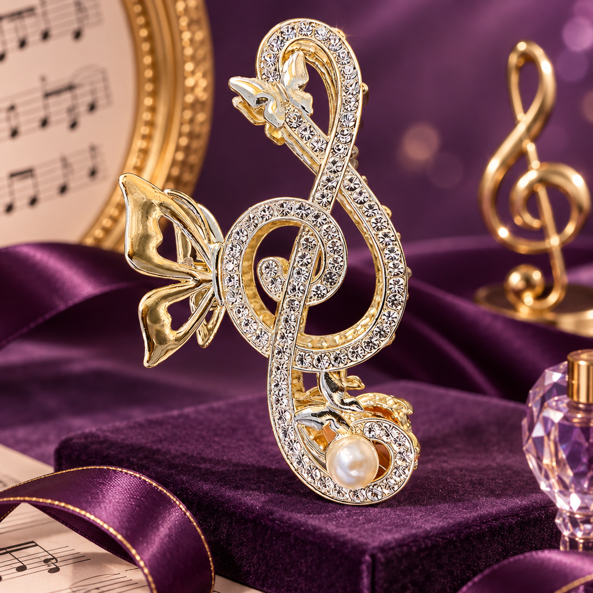 Large Gold Treble Clef Rhinestone Butterfly Hairclip with Pearl Accent