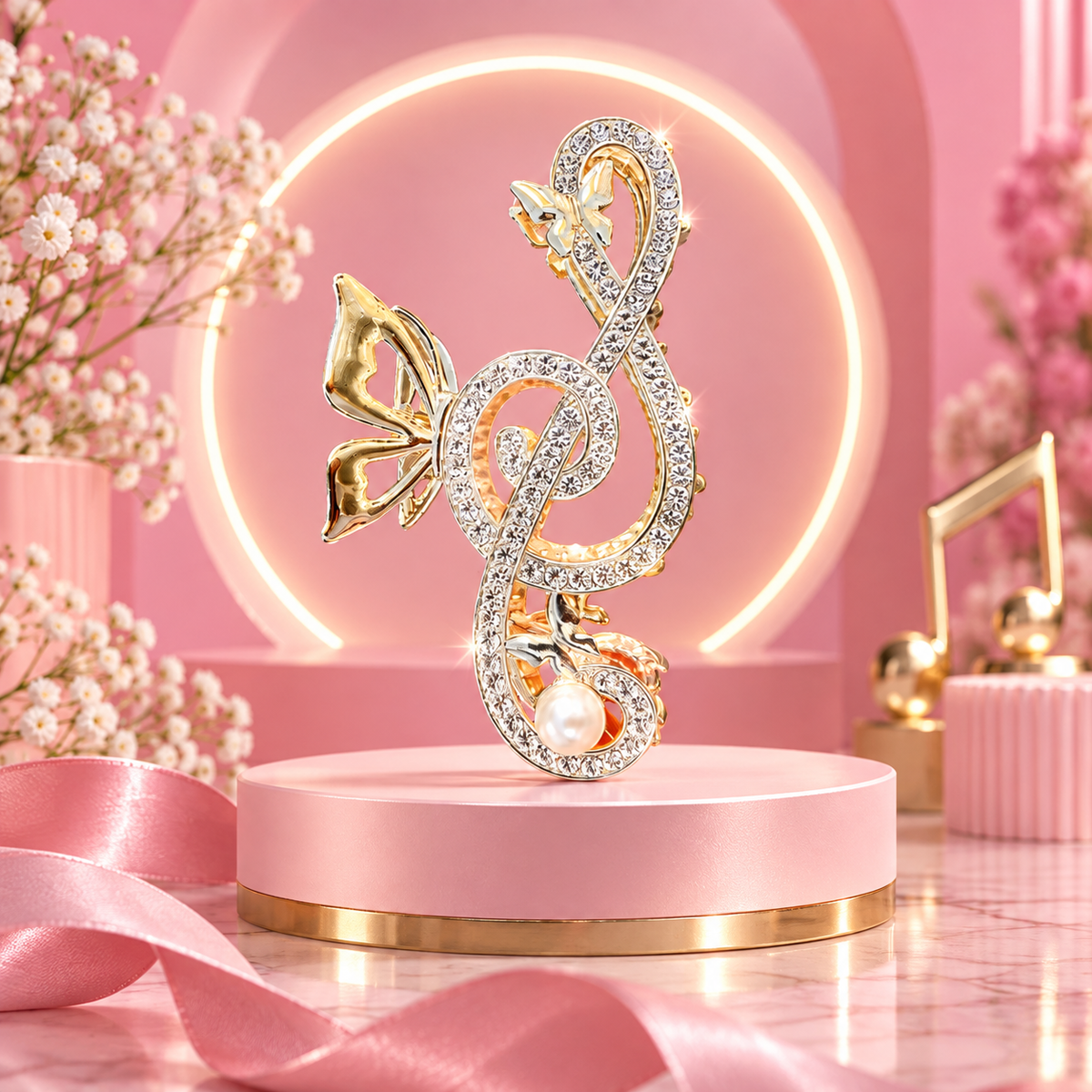 Large Gold Treble Clef Rhinestone Butterfly Hairclip with Pearl Accent