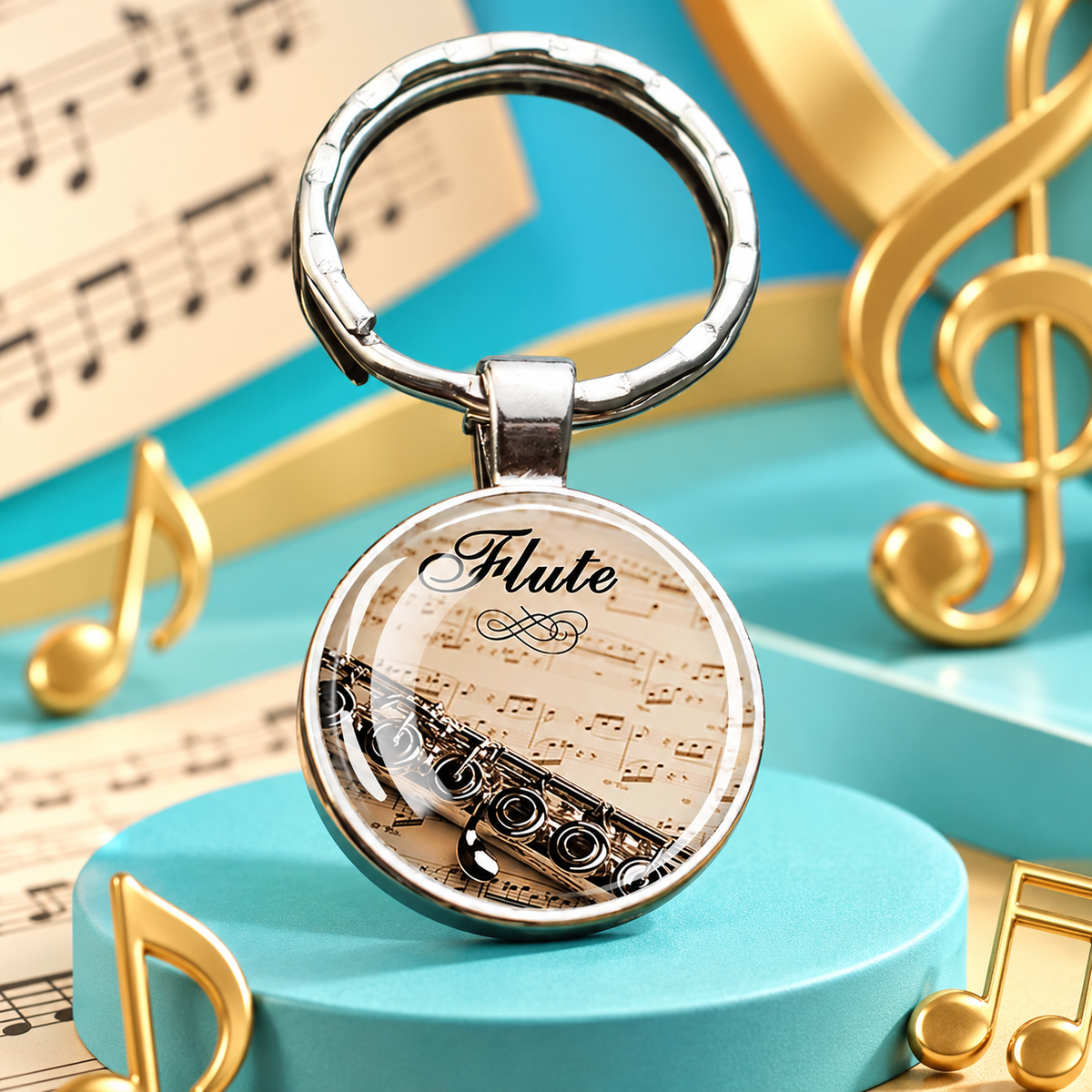 Silver Flute Glass Cabochon Keyring