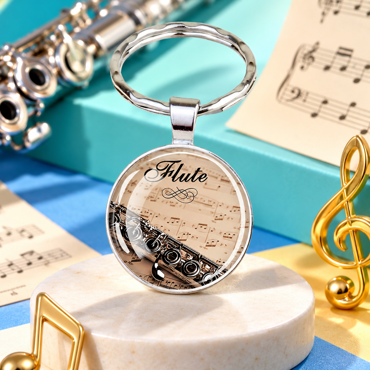 Silver Flute Glass Cabochon Keyring