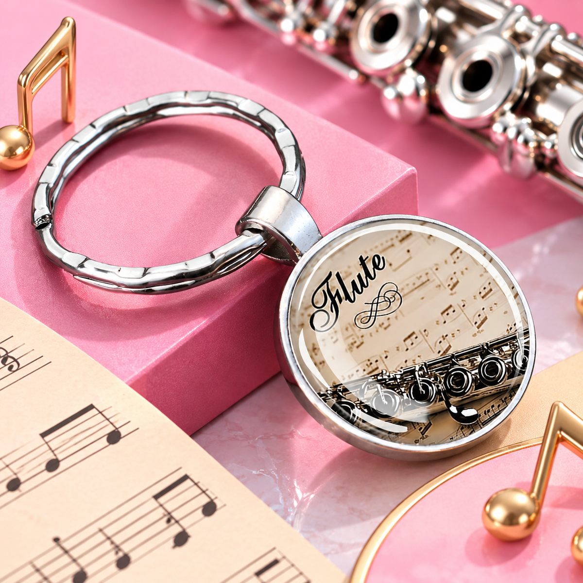 Silver Flute Glass Cabochon Keyring