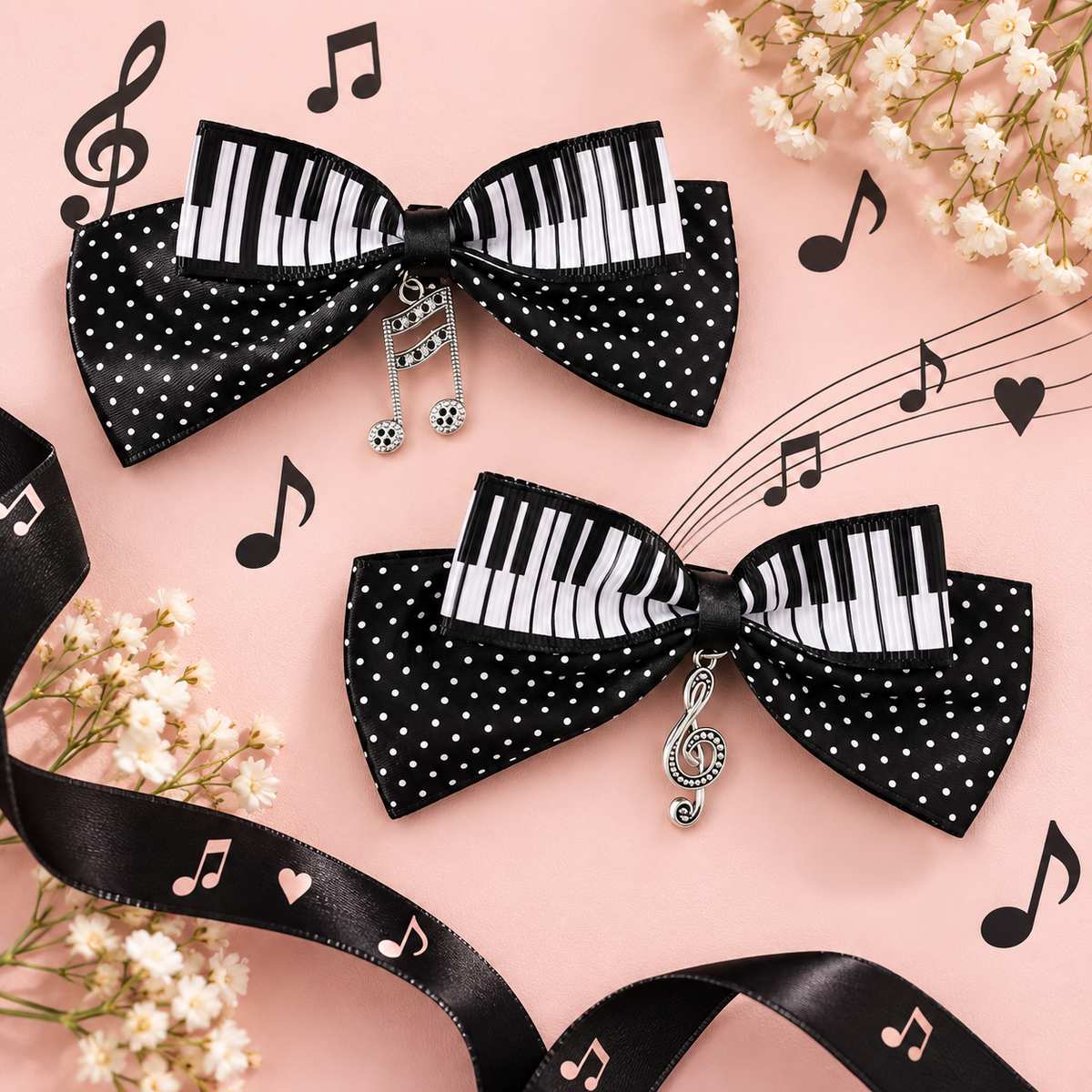 Piano Polka Dot Bow Clip with Music Charms - 2 Piece Set