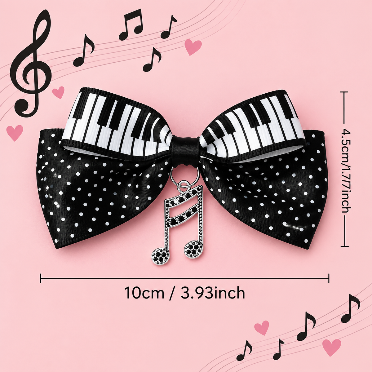 Piano Polka Dot Bow Clip with Music Charms - 2 Piece Set