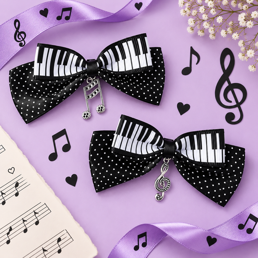 Piano Polka Dot Bow Clip with Music Charms - 2 Piece Set
