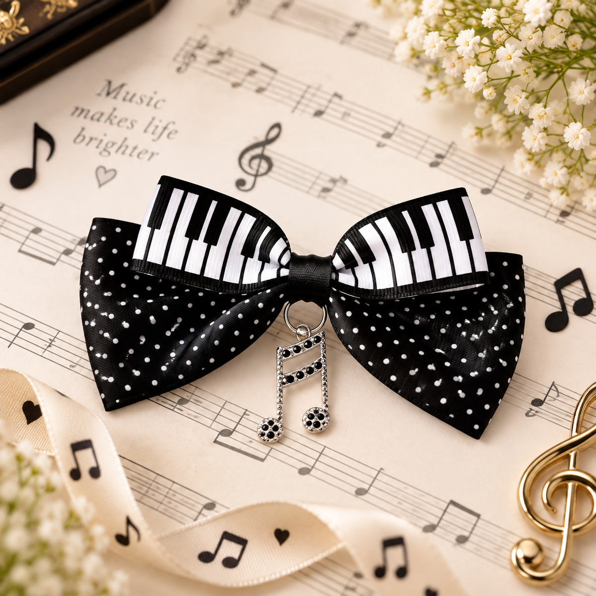 Piano Polka Dot Bow Clip with Music Charms - 2 Piece Set