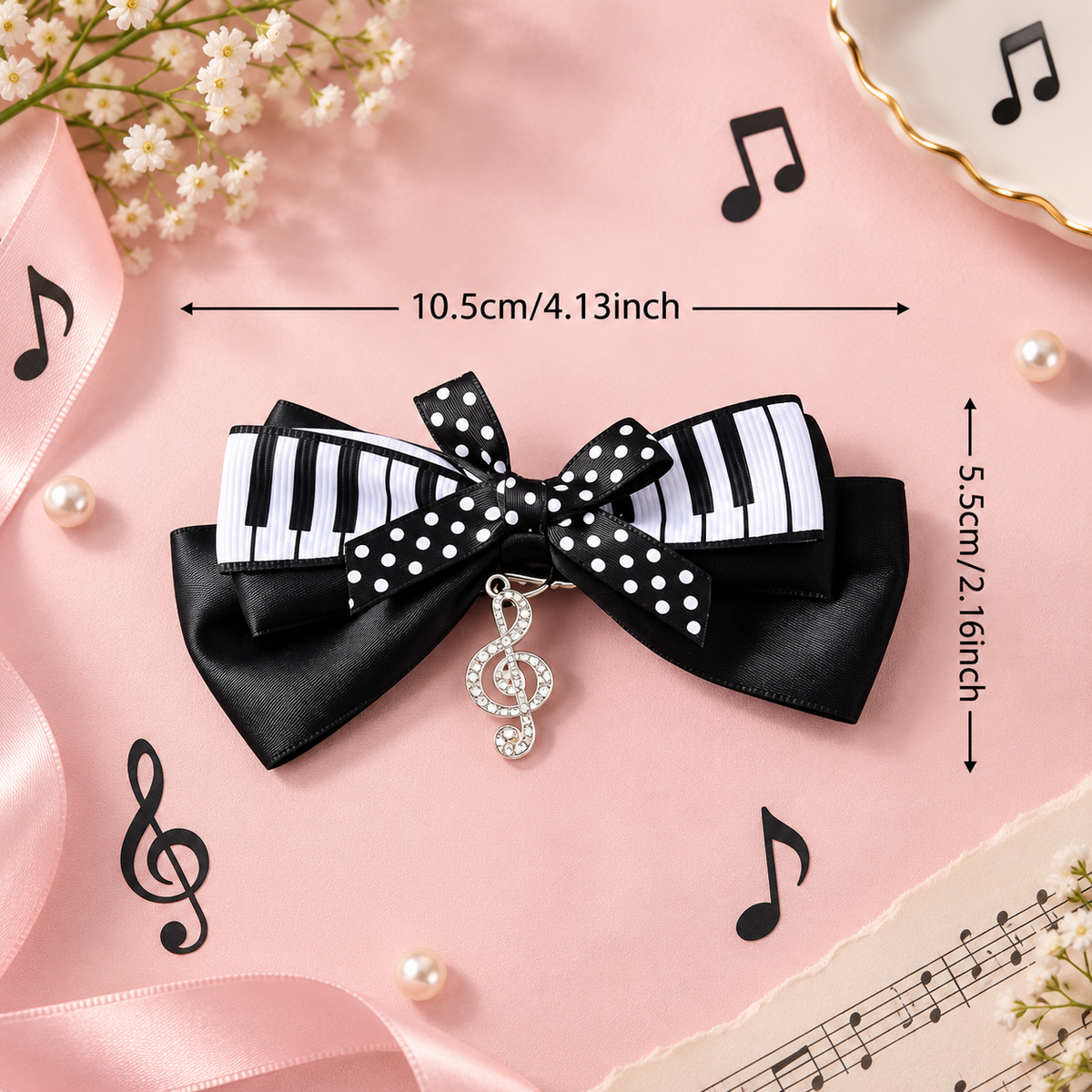 Piano Key Bow Clip with Silver Rhinestone Treble Clef - 2 Piece Set