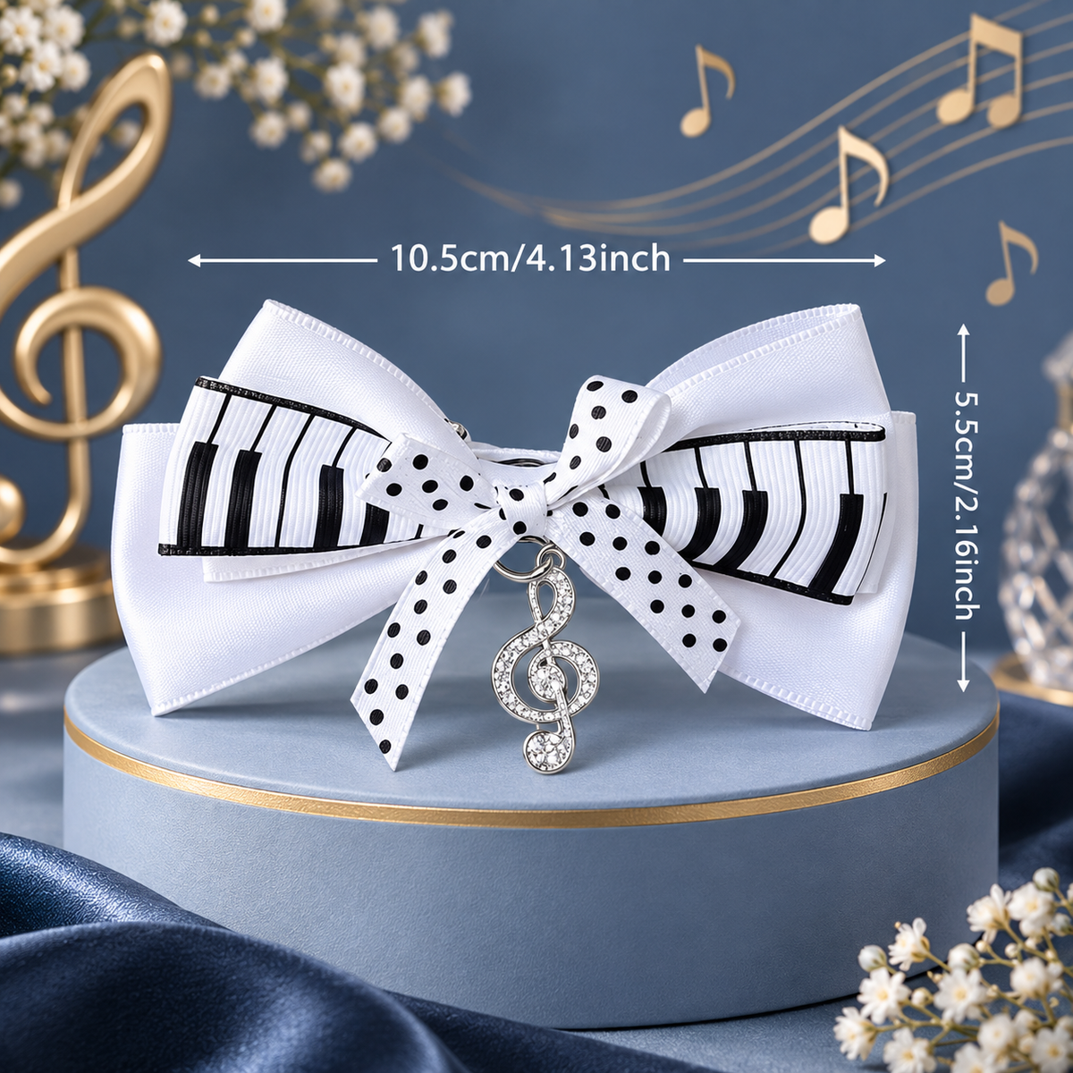 Piano Key Bow Clip with Silver Rhinestone Treble Clef - 2 Piece Set