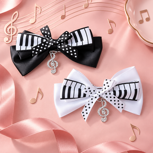 Piano Key Bow Clip with Silver Rhinestone Treble Clef - 2 Piece Set