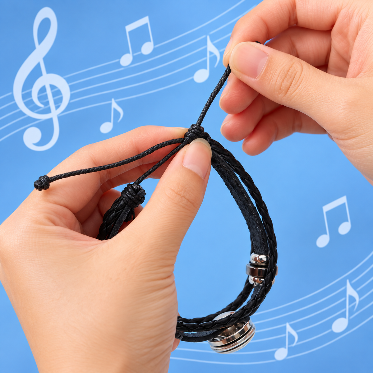 Adjustable Piano Key Bracelet with Glass Charm (Black)