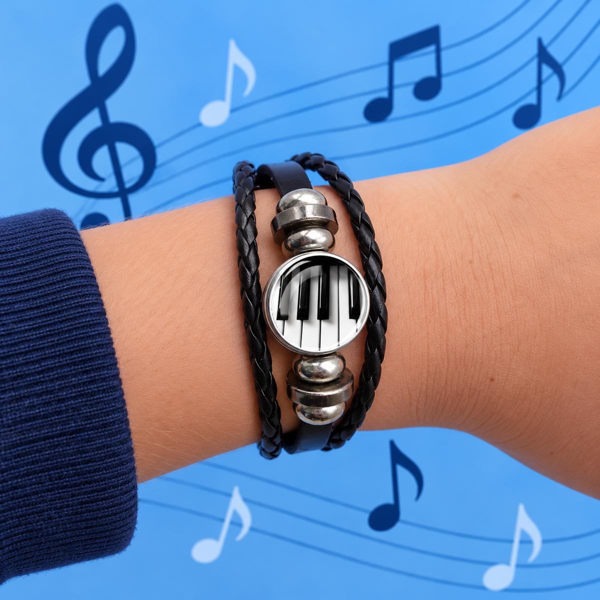 Adjustable Piano Key Bracelet with Glass Charm (Black)