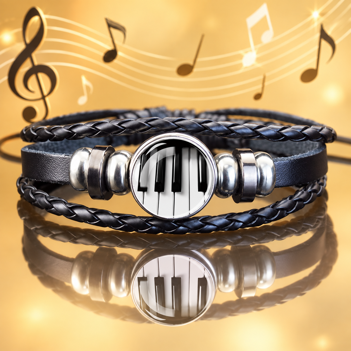 Adjustable Piano Key Bracelet with Glass Charm (Black)