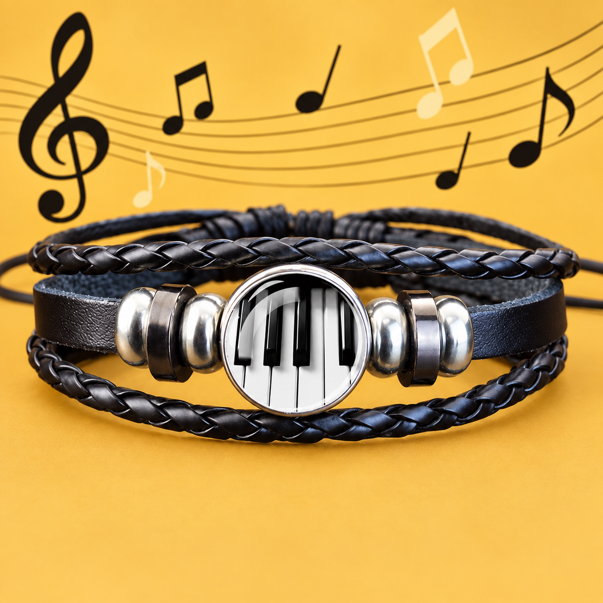 Adjustable Piano Key Bracelet with Glass Charm (Black)