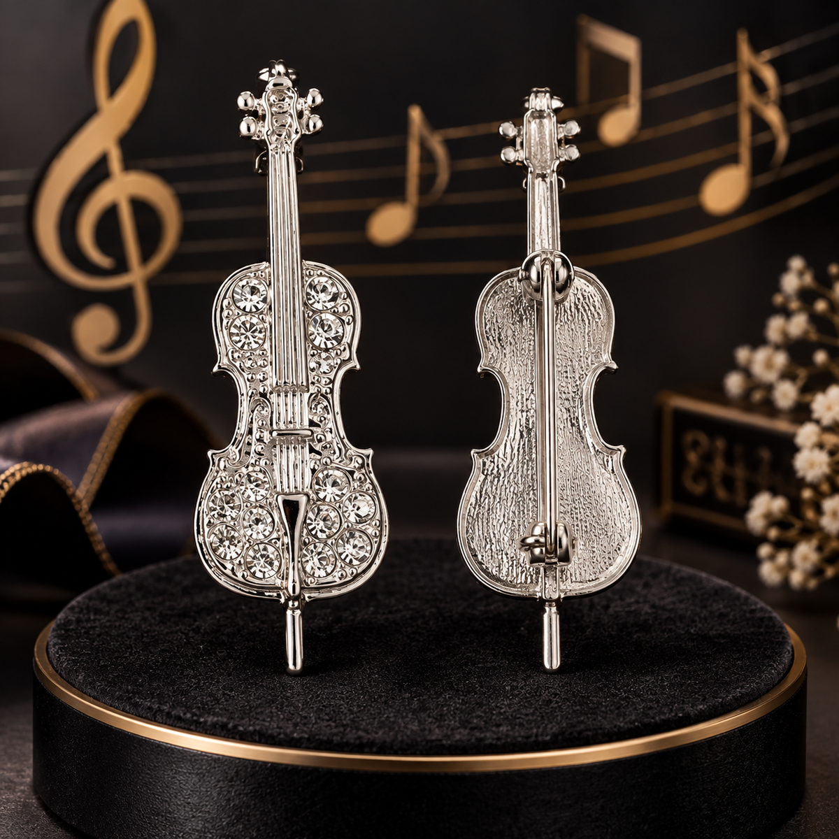 Silver Cello Mini Pin with Rhinestones