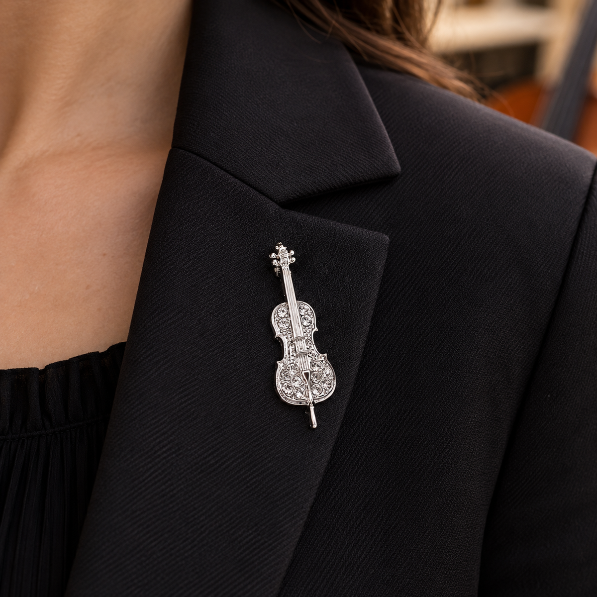 Silver Cello Mini Pin with Rhinestones