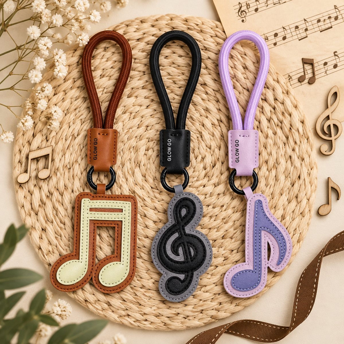 Faux Leather Music Note Bag Charm & Keyring - Brown