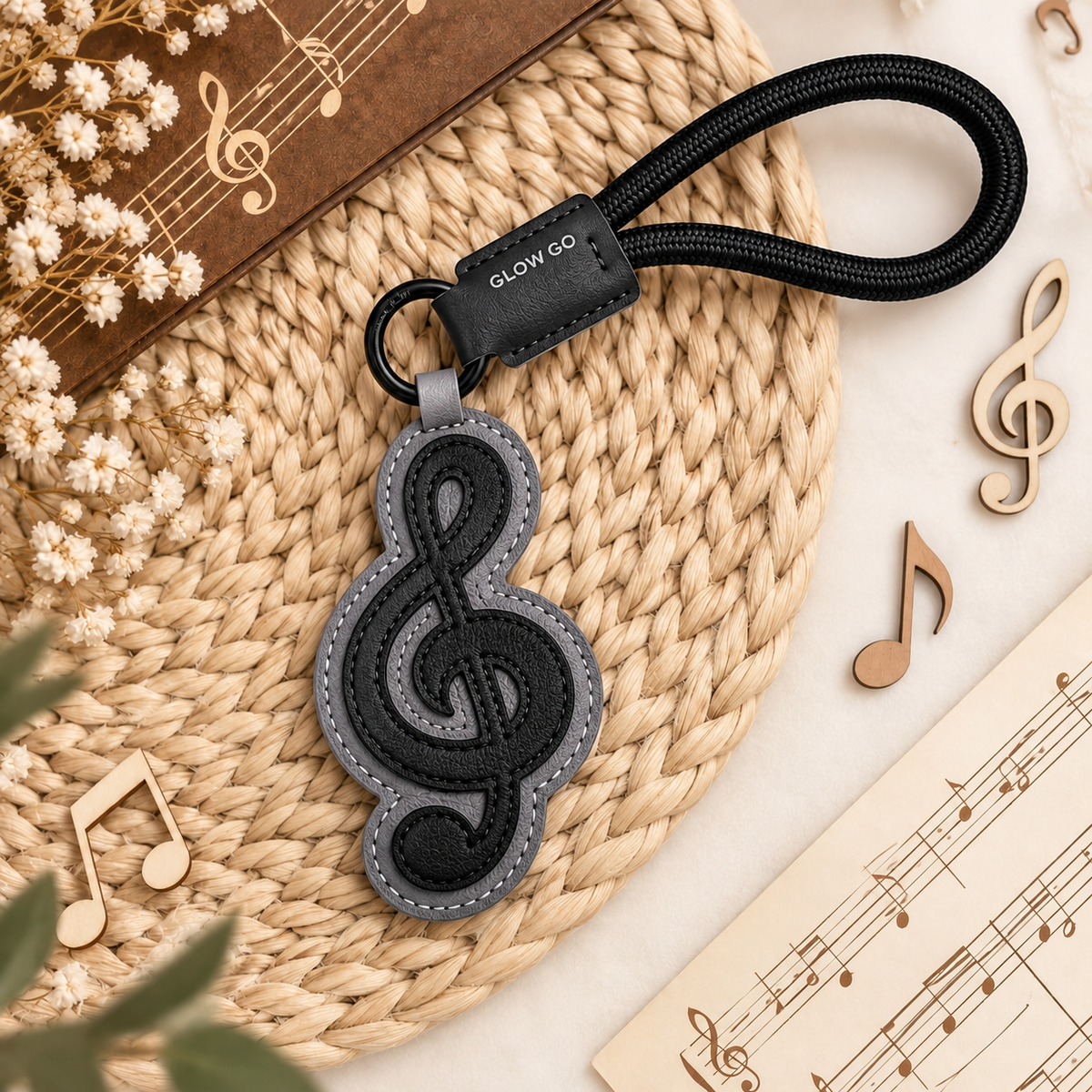 Faux Leather Music Note Bag Charm & Keyring - Black