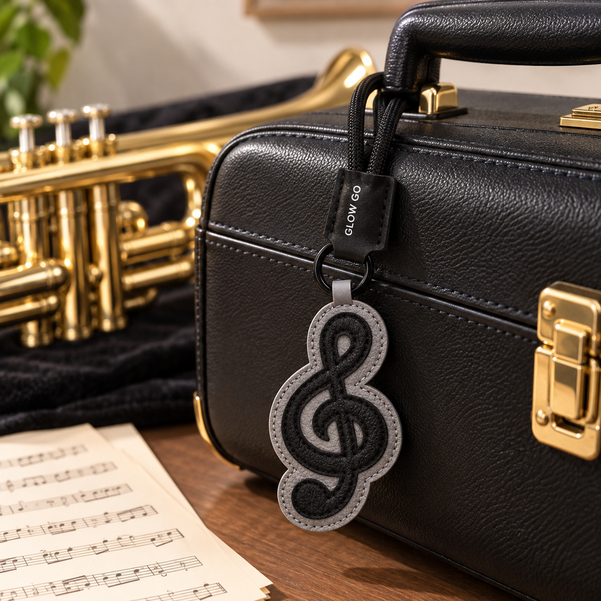 Faux Leather Music Note Bag Charm & Keyring - Black