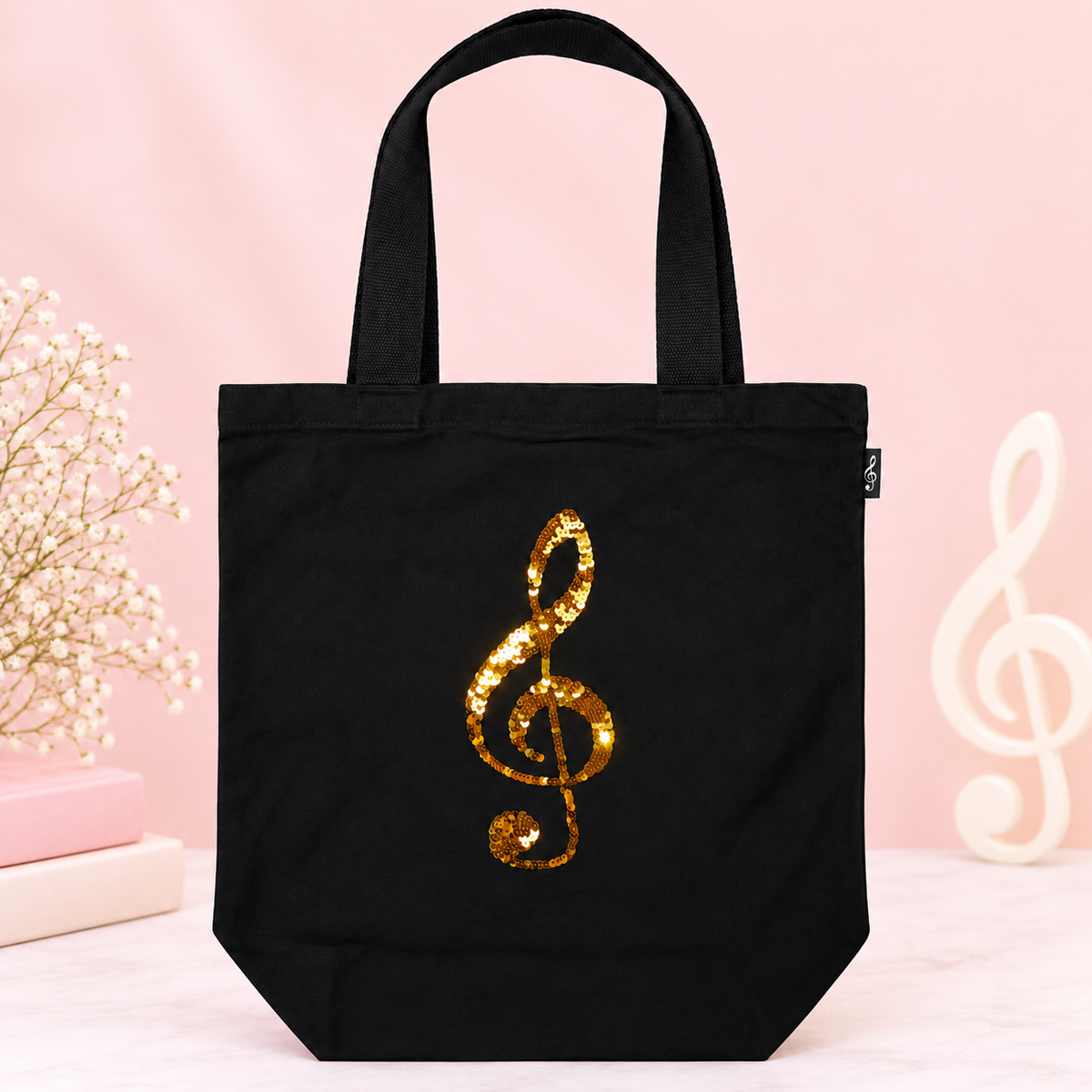 Black Canvas Music Bag with Reversible Gold/ Silver Sequin Treble Clef