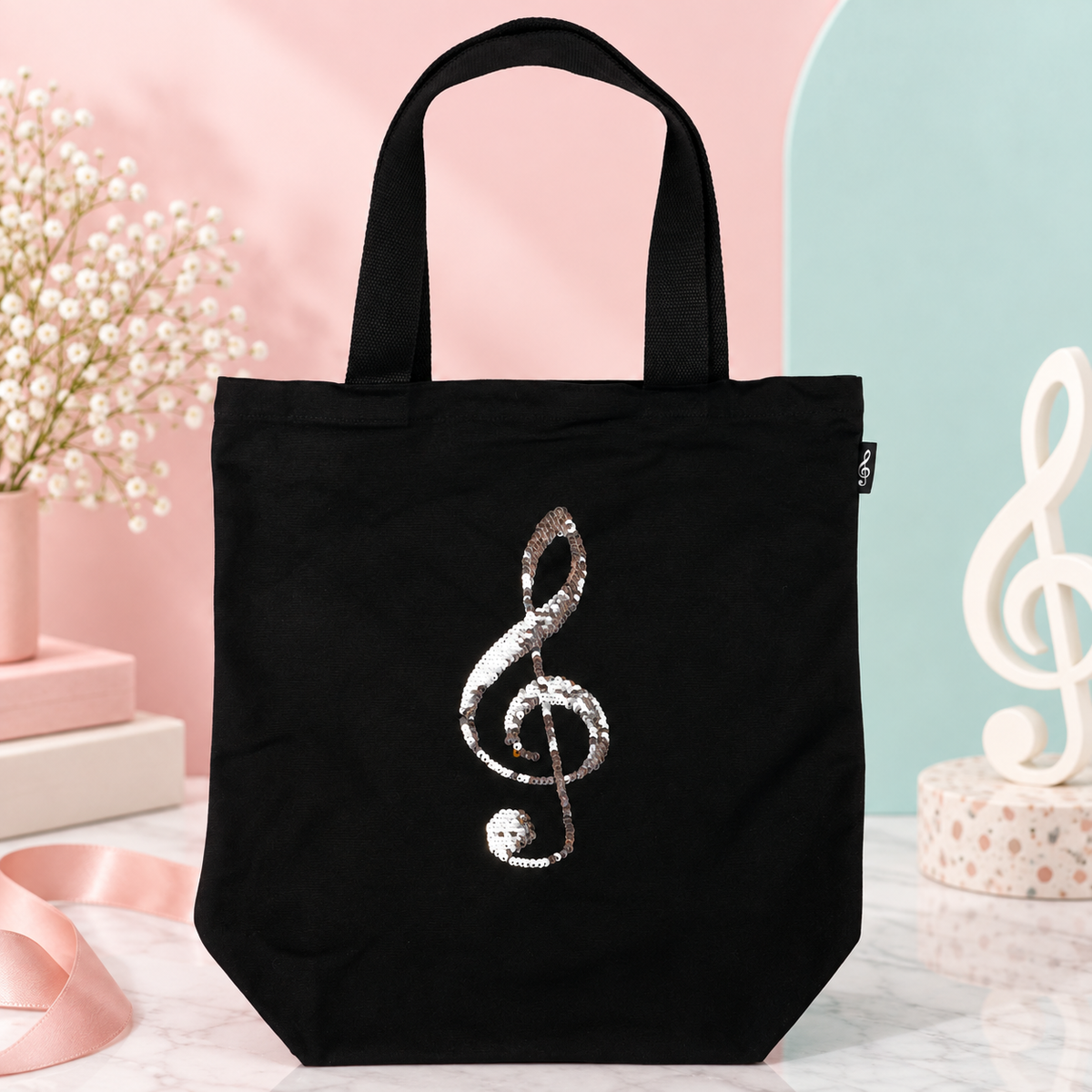 Black Canvas Music Bag with Reversible Gold/ Silver Sequin Treble Clef