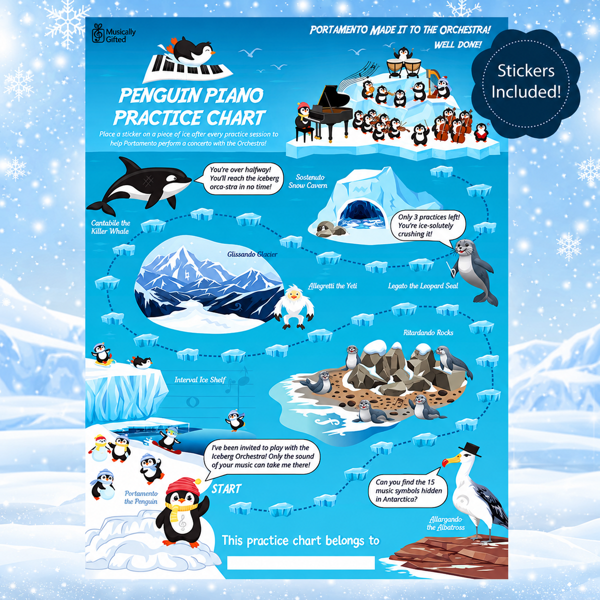 Musically Gifted - Penguin Piano A3 Music Practice Chart with Stickers