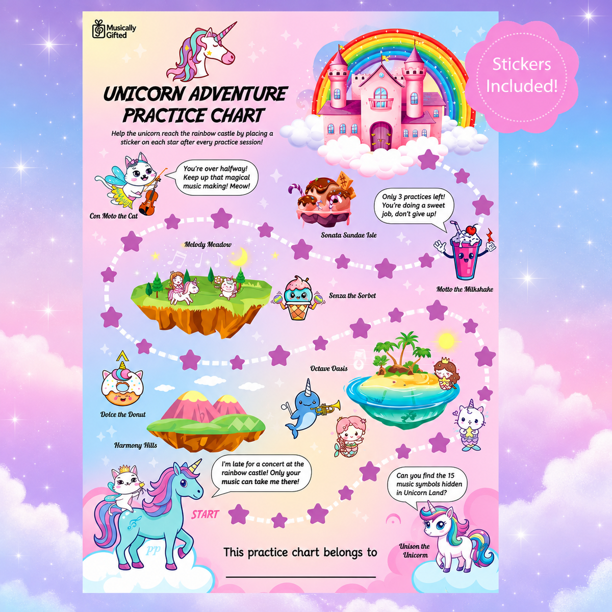 Musically Gifted - Unicorn Adventure A3 Music Practice Chart with Stickers