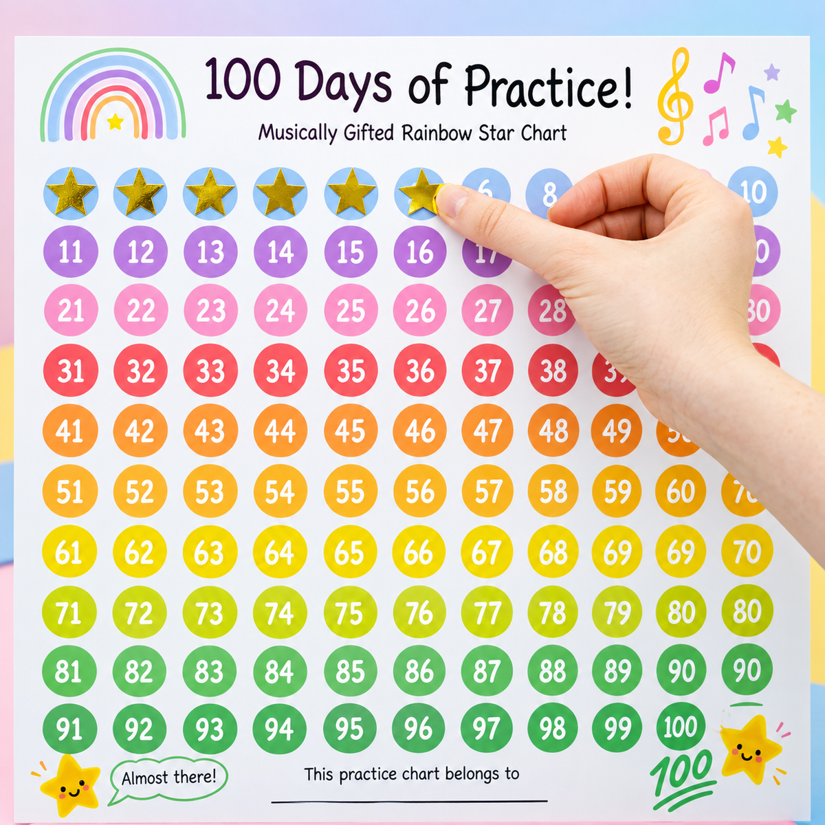 Musically Gifted - 100 Days of Practice Rainbow A3 Music Practice Chart with Stickers