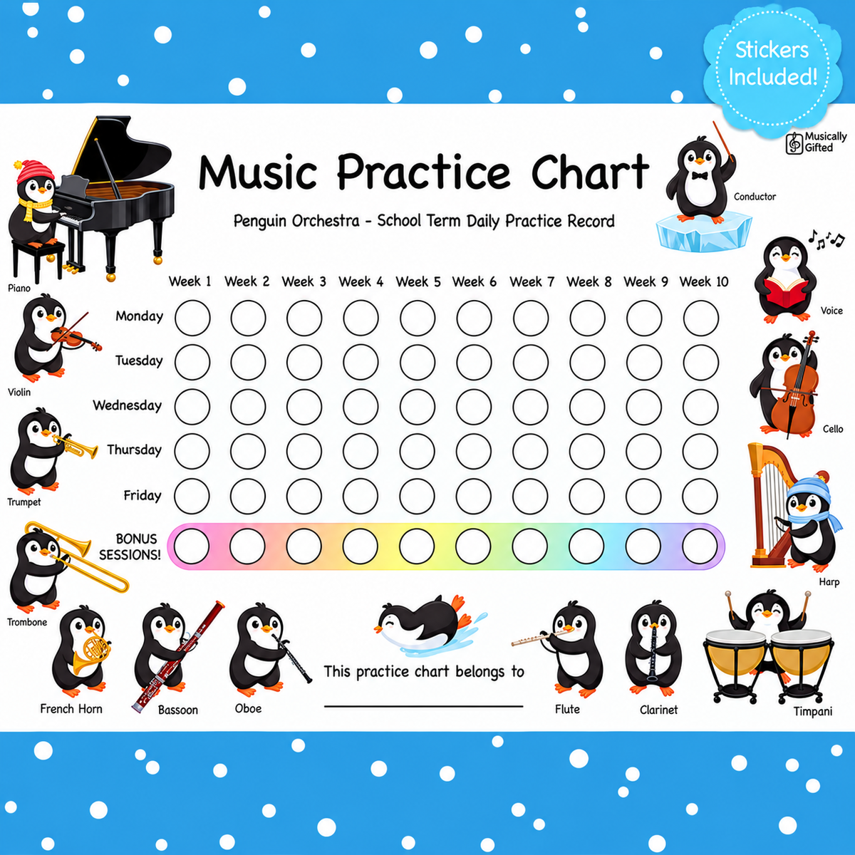 Musically Gifted - Penguins & African Animals 20 Week Music Practice Chart with Stickers