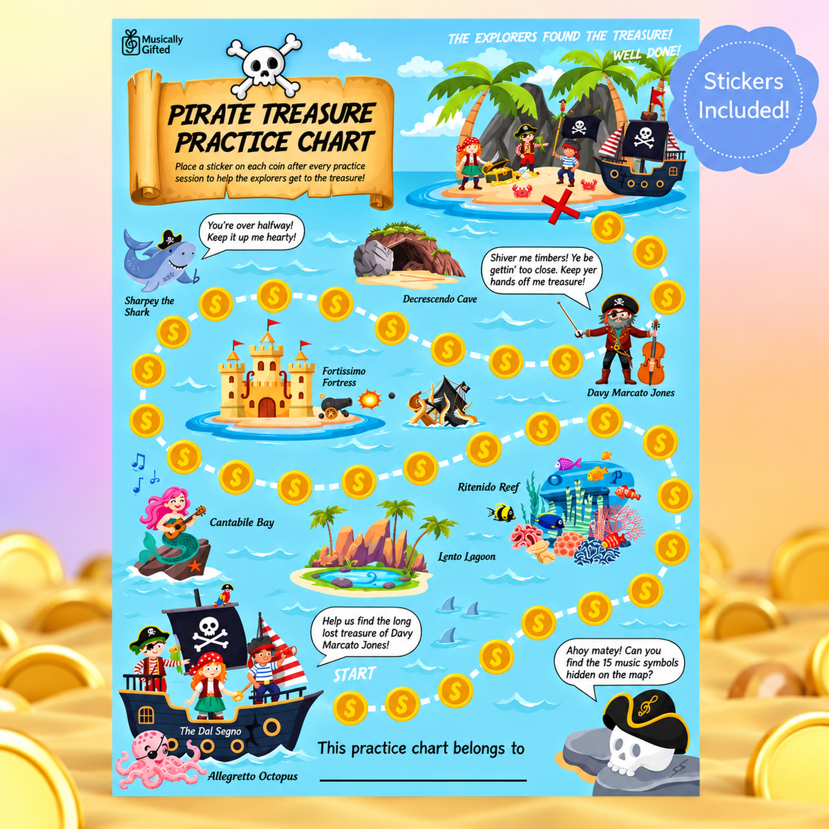 Musically Gifted - Pirate Treasure A3 Music Practice Chart with Stickers