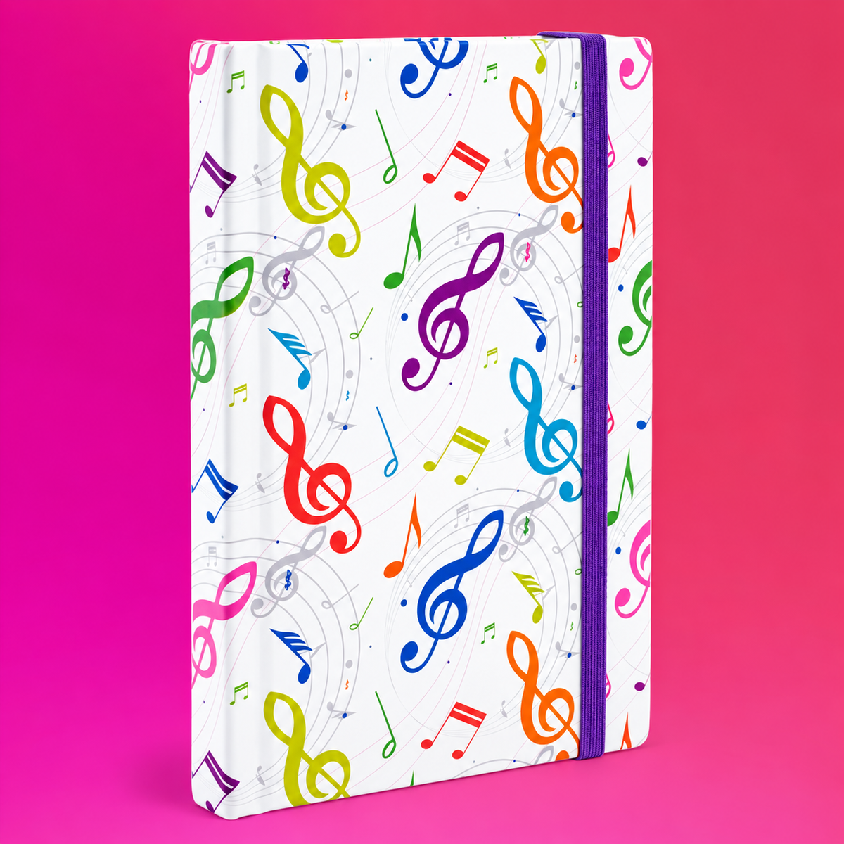 A6 Notebook with Colourful Treble Clefs and Elastic Band