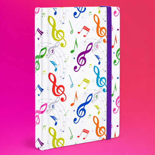 A6 Notebook with Colourful Treble Clefs and Elastic Band