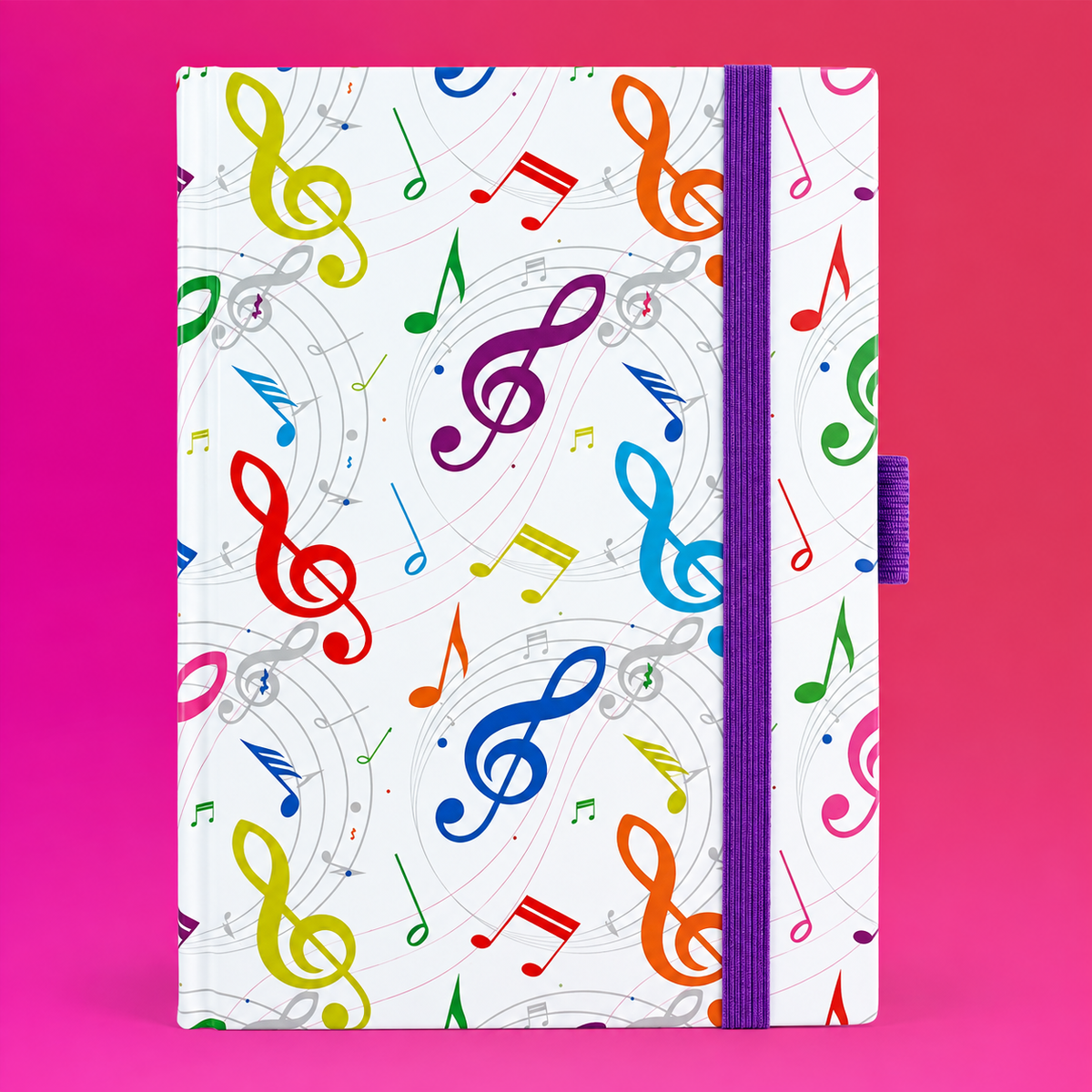 A6 Notebook with Colourful Treble Clefs and Elastic Band