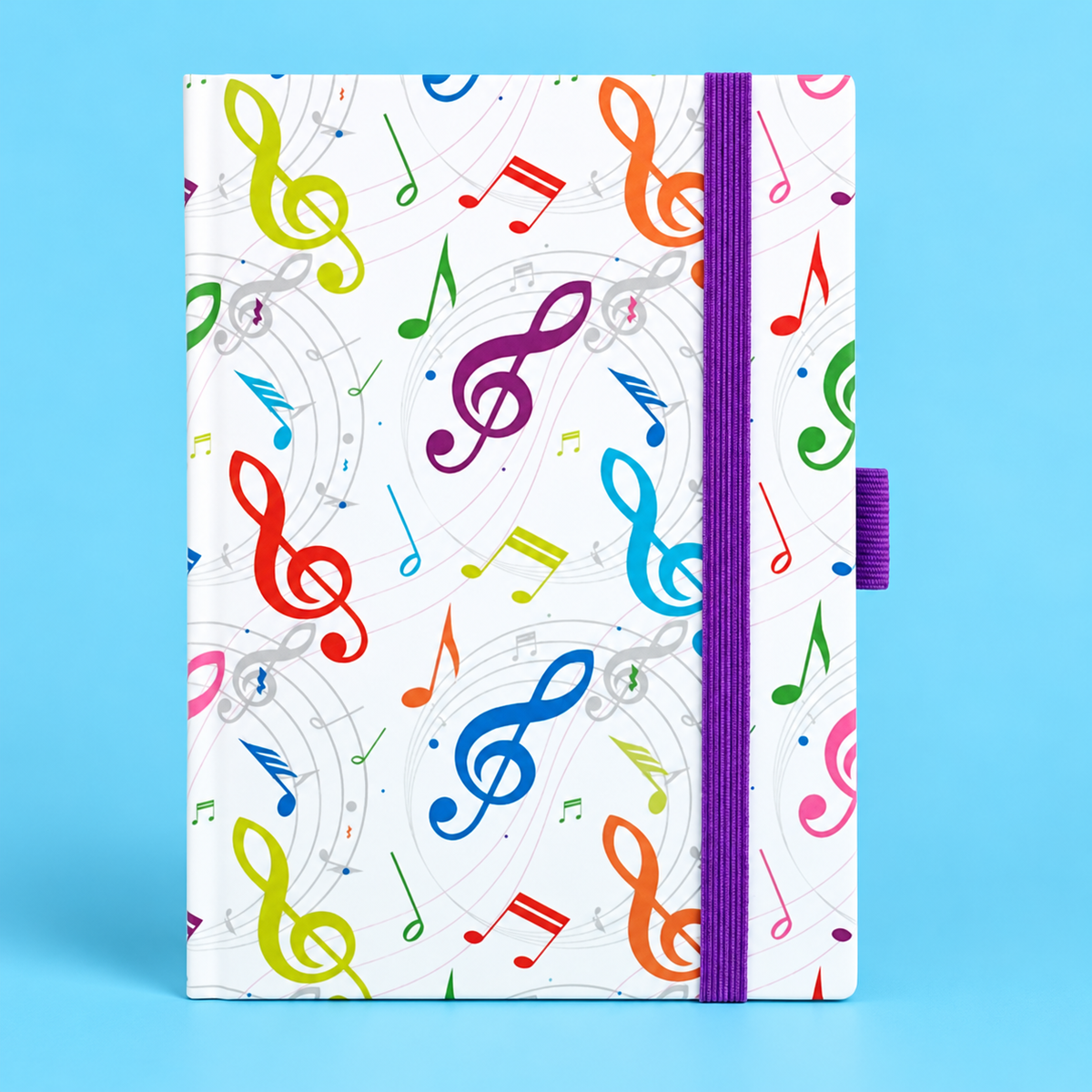A5 Notebook with Colourful Treble Clefs and Elastic Band