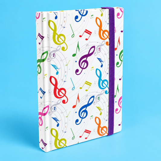 A5 Notebook with Colourful Treble Clefs and Elastic Band
