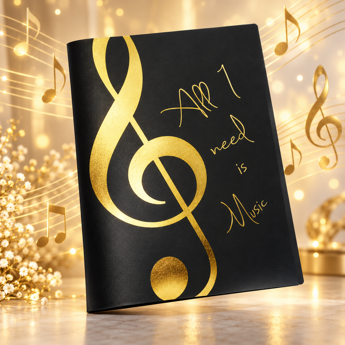All I Need is Music - Gold Treble Clef A4 Display Folder with 20 Clear Pockets