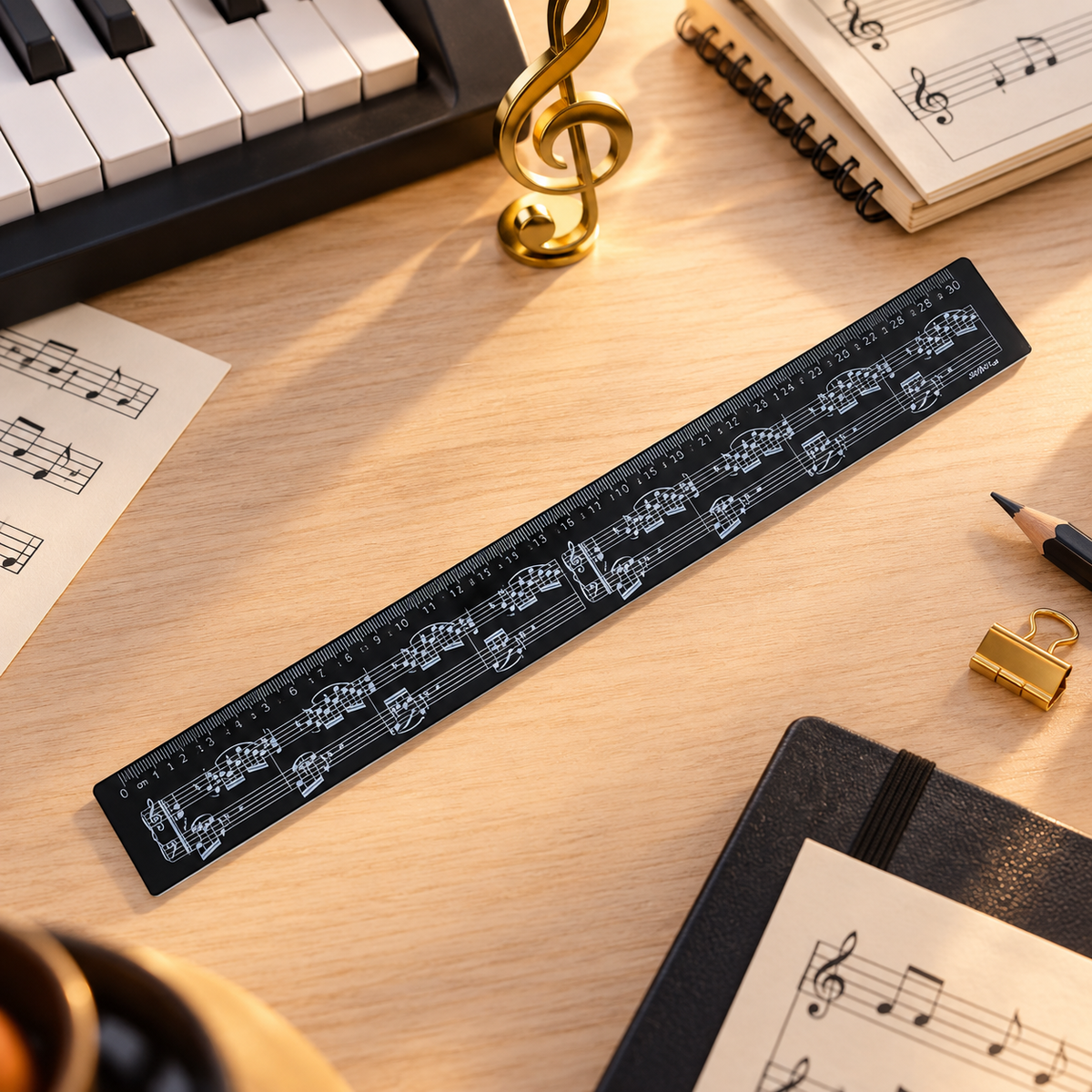 Black Music Ruler - White Manuscript Design (30cm)