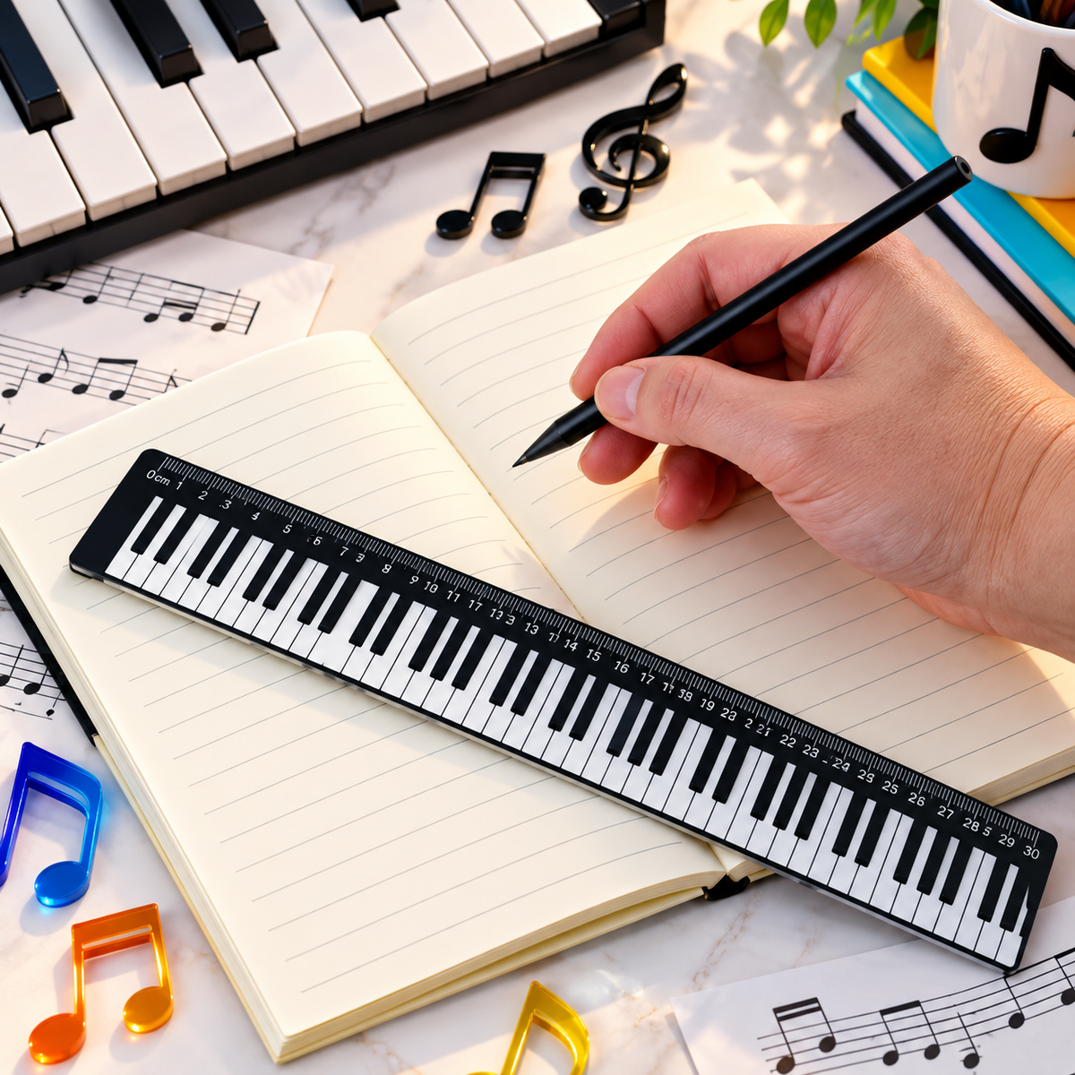 Music Ruler- Black and White Piano Keyboard Design (30cm)