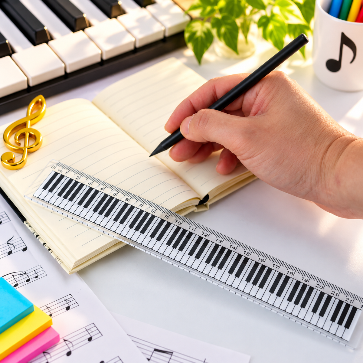 Music Ruler - Clear with White Piano Keyboard Design (30cm)