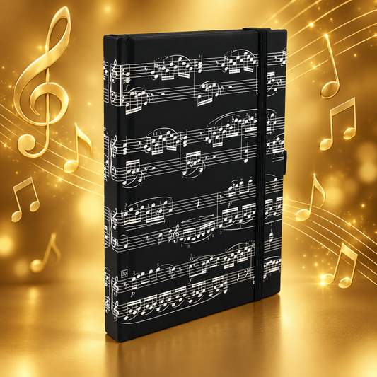 A5 Notebook Black with White Music Manuscript and Elastic Band
