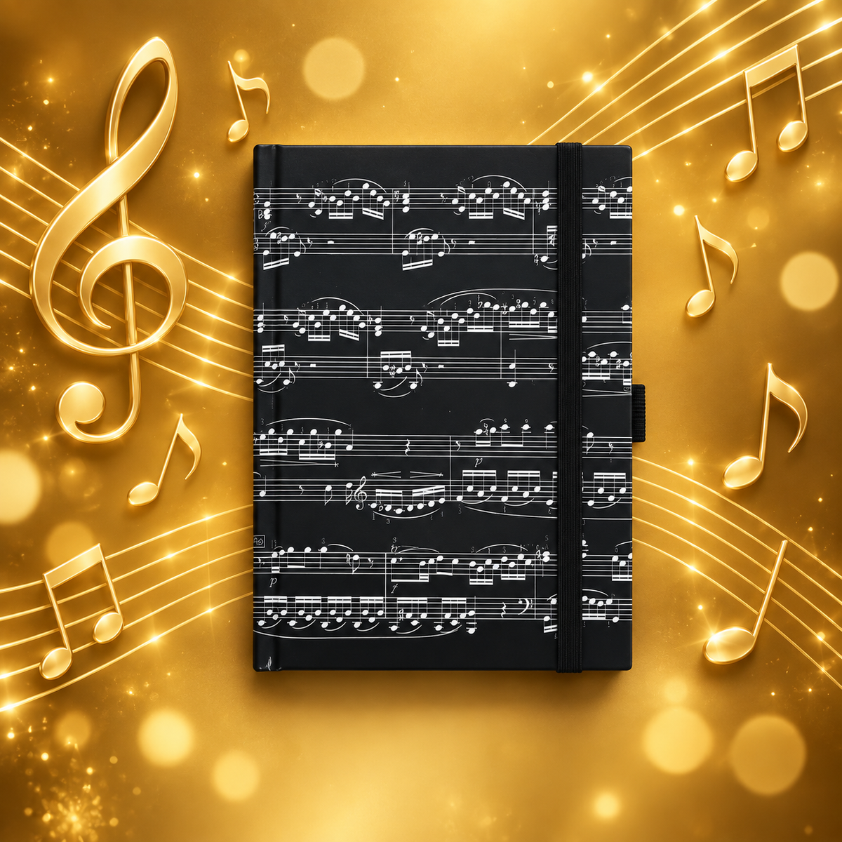 A5 Notebook Black with White Music Manuscript and Elastic Band