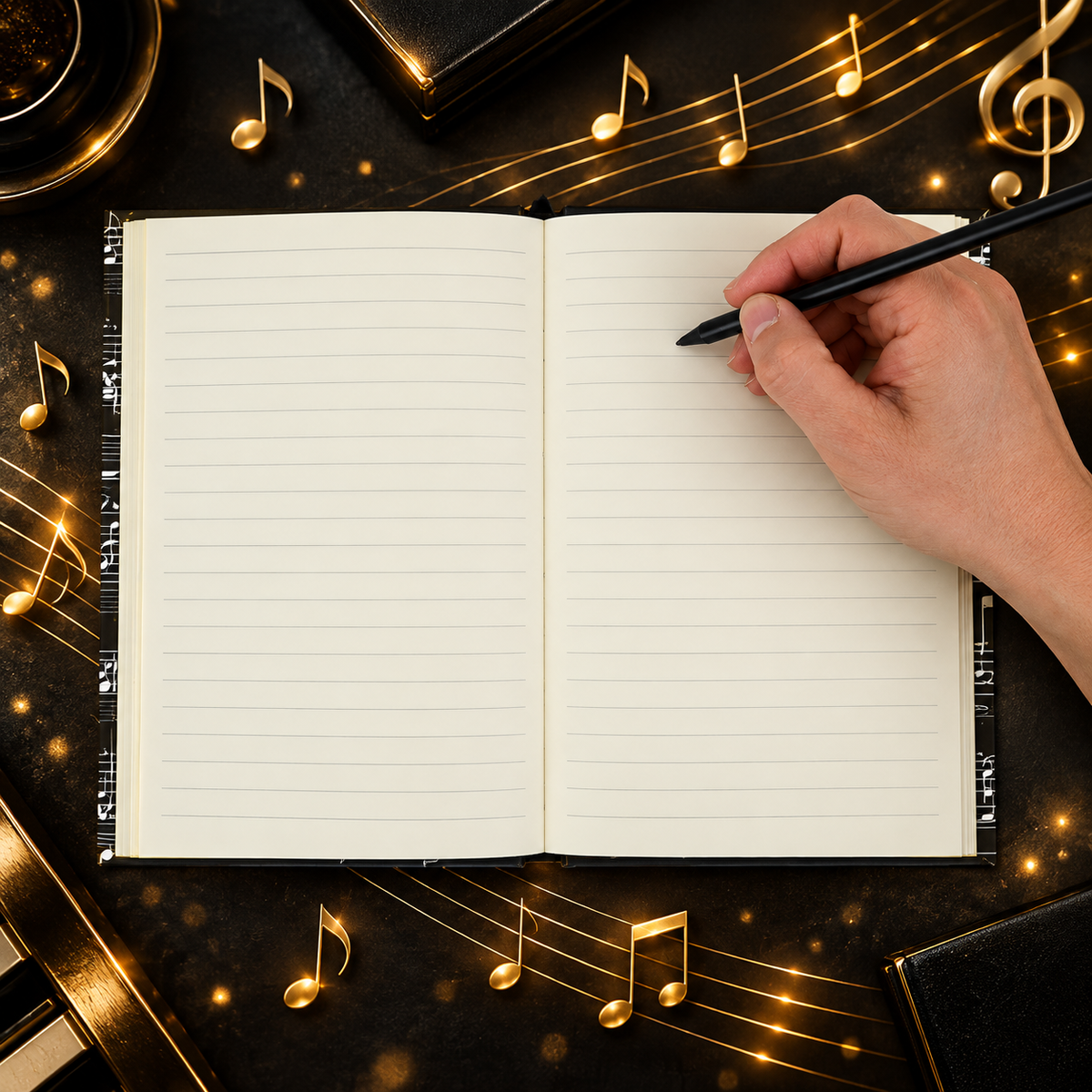 A5 Notebook Black with White Music Manuscript and Elastic Band