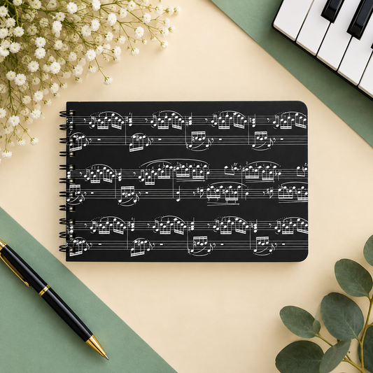 White A5 Spiral Notebook with White Music Manuscript Design