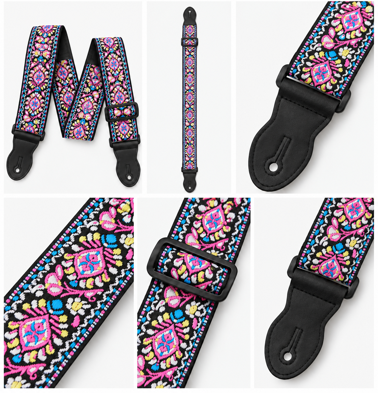 Vintage Folk Embroidered Guitar/Bass/Ukulele Strap - Flamingo Pink & Blue
