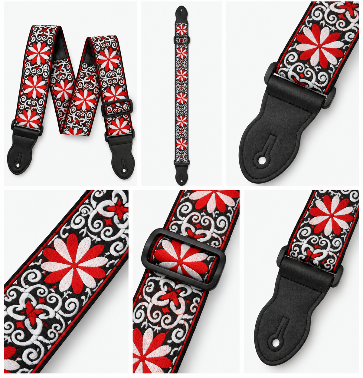 Tapestry Style Retro Guitar/Bass/Ukulele Strap - Embroidered Red Flower