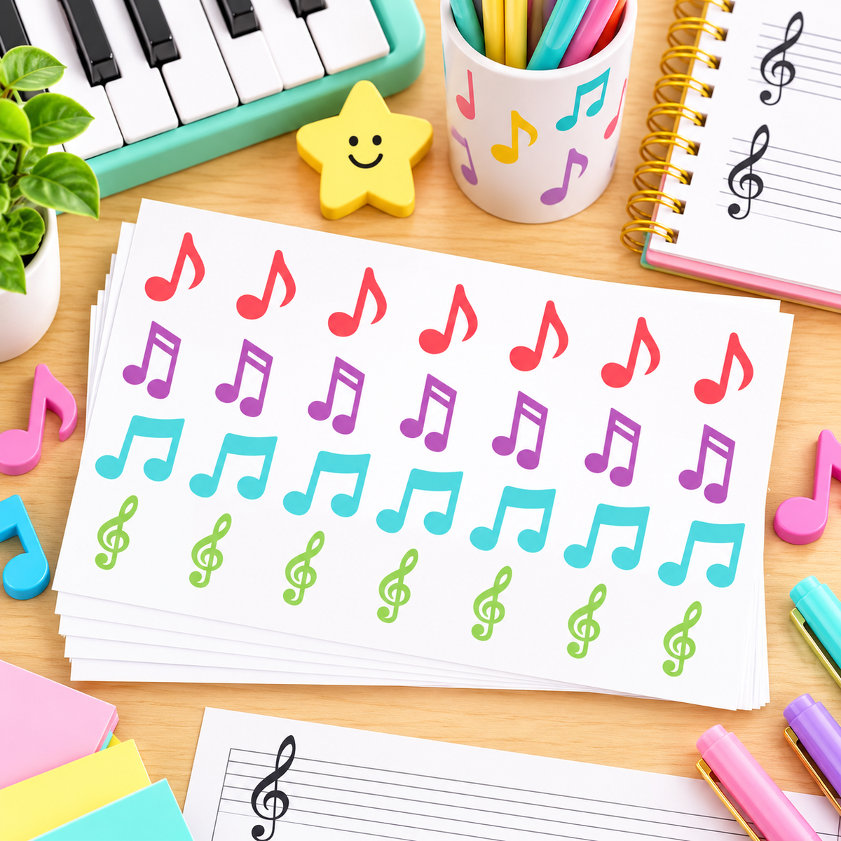 Coloured Music Note Sticker Sheet Set – 112 Stickers